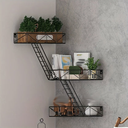 Wall Mounted Staircase Shelf with Hooks, Multi-Level Iron Storage Rack Floating Shelves for Bedroom Living Room Kitchen, Contemporary Metal Wall Organizer Home Decor Display