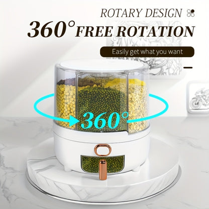Rice Dispenser 360 Rotating 6 Compartment Grain Storage Container - Airtight Moisture Proof with Transparent Window, Food Grade PP, Large Capacity for Rice Cereal Flour and Pet Food, Medium 13lb or Large 22lb