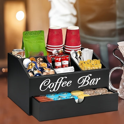 Coffee Bar Organizer with Drawer | Wood Countertop Coffee Station Organizer | 5-Compartment K-Cup Pod Holder Tea Condiment Storage | Rustic Farmhouse Coffee Bar Decor for Kitchen Counter