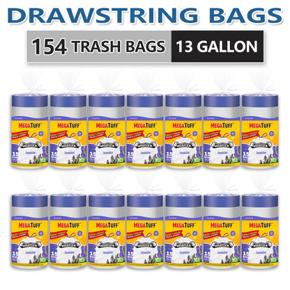 Drawstring Trash Bags with Odor Eliminator Technology – Lemon Mint Scent, Puncture & Tear Resistant, 30 Gal (90 Bags) or 13 Gal (154 Bags) Kitchen Garbage Bags