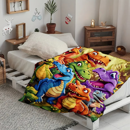 Dinosaur Print Flannel Throw Blanket – 250-300gsm Soft Lightweight Cartoon Dino Blanket for Kids, Couch, Bed & Travel, 5 Sizes