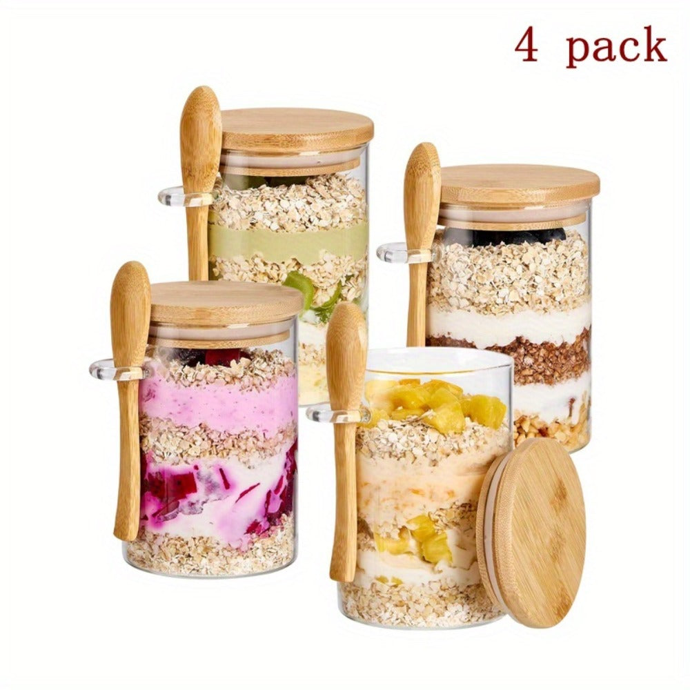 Overnight Oats Jars with Bamboo Lids & Spoons, 500ml Glass Meal Prep Containers — Dessert Bowl Set for Chia Pudding, Salad, Cereal, Yogurt & Sourdough Starter | 4 or 6 Pack