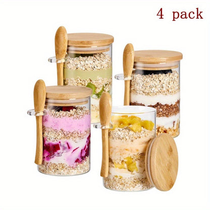 Overnight Oats Jars with Bamboo Lids & Spoons, 500ml Glass Meal Prep Containers — Dessert Bowl Set for Chia Pudding, Salad, Cereal, Yogurt & Sourdough Starter | 4 or 6 Pack