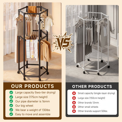 Rolling Hexagon Clothes Drying Rack 1 or 2 Layer – Sturdy Metal Floor Stand with Wheels, Multi-Bar & 10 Clips, Portable Laundry Rack for Bedroom, Balcony & Dorm