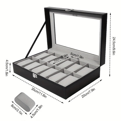 Watch Box Organizer 12 Slot PU Leather, Watch Display Case with Glass Lid Removable Pillow Metal Clasp, Jewelry Box Gift for Him Her Valentine's Day Birthday Christmas