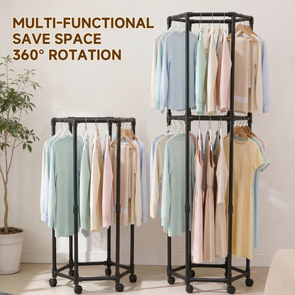 Rolling Hexagon Clothes Drying Rack 1 or 2 Layer – Sturdy Metal Floor Stand with Wheels, Multi-Bar & 10 Clips, Portable Laundry Rack for Bedroom, Balcony & Dorm