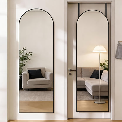 Full Length Mirror 47x14 – Over the Door or Wall Mounted Hanging Mirror, Aluminum Alloy Frame, Full Body Dressing Mirror for Bedroom, Living Room & Entryway, Arched & Rectangular, Black & Gold