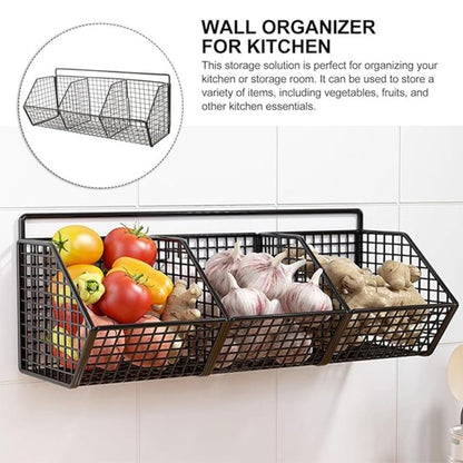 Wall Mounted Kitchen Storage Basket – Metal Wire Rack Organizer, 2 or 3 Grid Tier, Space Saving Vertical Pantry Shelf for Spices, Snacks & Beverages, Home Kitchen & Retail Store Display