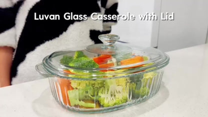 Glass Casserole Dish with Lid, Oval Ribbed Roasting Pan, Oven & Microwave Safe Covered Baking Dish, Transparent Deep Glass Cookware for Chicken Pasta Desserts, 50oz & 85oz Options