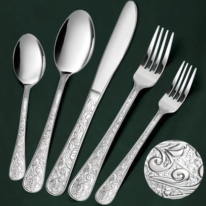 Flatware Set Stainless Steel Vintage Carved Cutlery Set Knife Fork Spoon Dishwasher Safe for Family Gatherings Holiday Parties Kitchen Decor