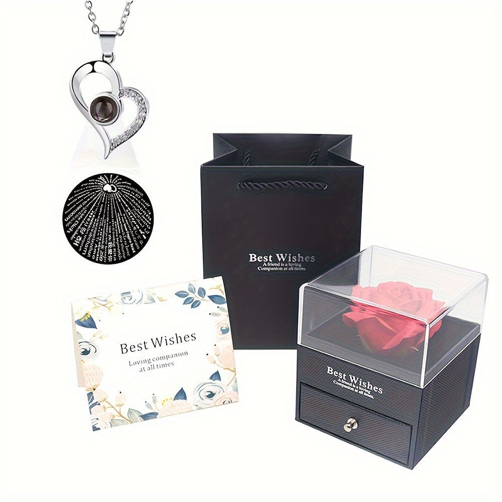 Preserved Real Rose Gift Box with I Love You in 100 Languages Necklace – Romantic Gifts for Girlfriend Wife Mom – Valentine's Day Birthday Mother's Day Christmas Gift Idea for Women