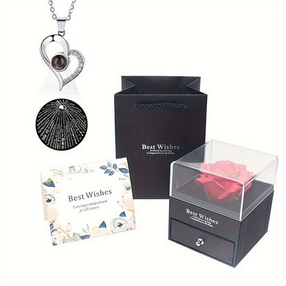 Preserved Real Rose Gift Box with I Love You in 100 Languages Necklace – Romantic Gifts for Girlfriend Wife Mom – Valentine's Day Birthday Mother's Day Christmas Gift Idea for Women