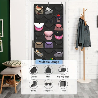 Over the Door Hat Organizer 24 Pocket - Baseball Cap Rack with Large Clear Pockets and 3 Hooks for Hat Storage Protection and Display in Closet
