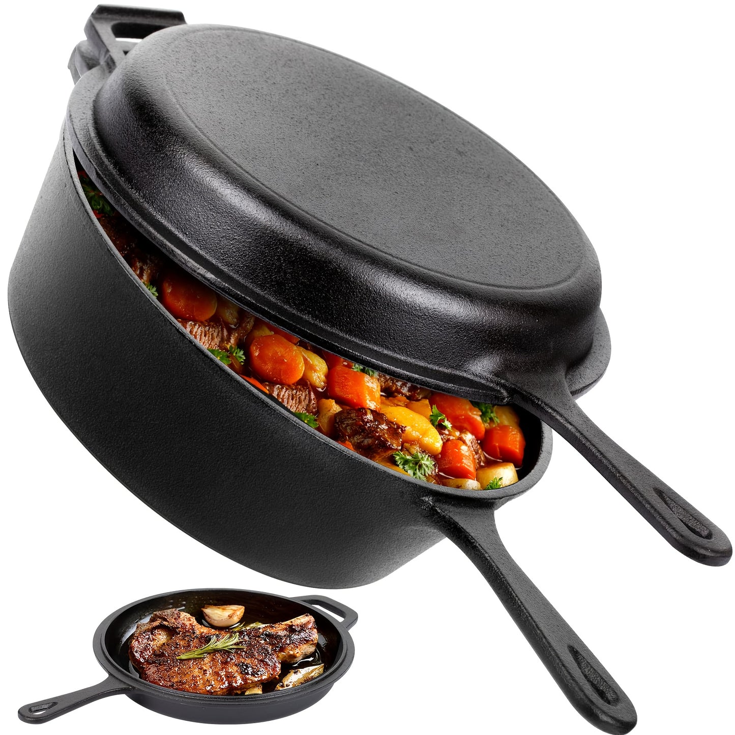 Cast Iron Dutch Oven & Frying Pan Set – Pre-Seasoned 2-in-1 Cookware, Deep Pan + Skillet for Stovetop, Induction, Oven, BBQ & Outdoor Cooking, Multi-Purpose Pots and Pans Set