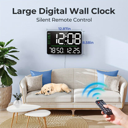 Digital Wall Clock 16 Inch LED with Remote Control – Large Display Shows Time, Date, Day of Week & Indoor Temperature, Modern Decor for Bedroom, Living Room, Office, Gym & Garage (White)