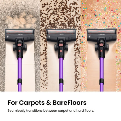 Cordless Vacuum Cleaner 46KPA Powerful Suction Lightweight Detachable Battery Anti-Tangle V-Shaped Brush 6-Stage Filtration 1.8L Dust Cup for Hard Floor Carpet Pet Hair Home