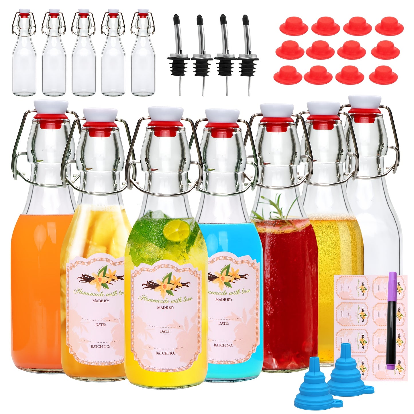 Glass Swing Top Bottles 8.45oz – Round Iron Clasp Airtight Bottle Set with Funnel for Juice, Kombucha, Syrup & Oil Storage, Reusable Flip Cap Glass Bottles (6, 9, 12 or 18 Pack)