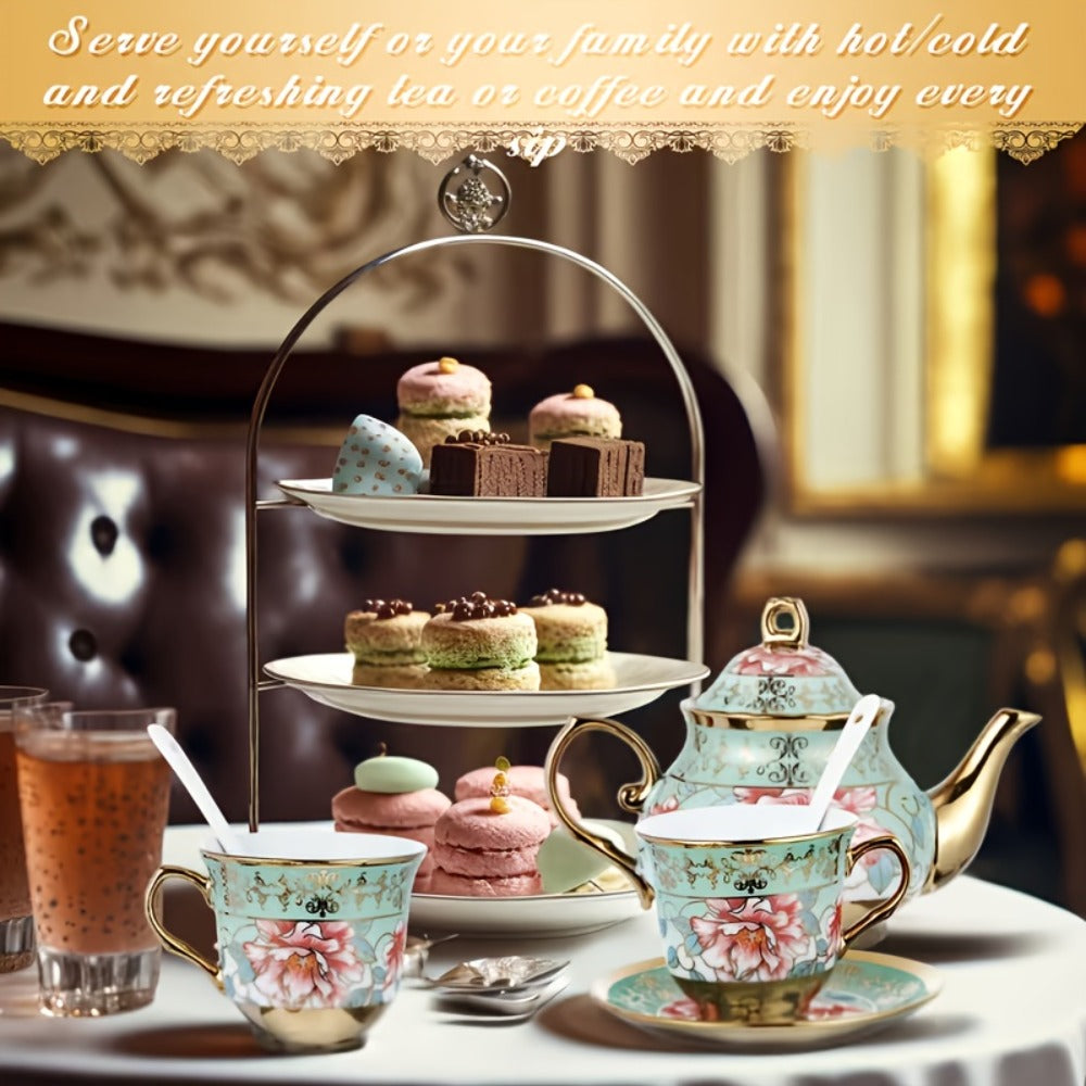 20-Piece Floral Ceramic Tea Set with Saucers & Metal Stand | European Afternoon Tea Service, Blooming Design, Complete Tea Accessories, Gift for Tea Lovers