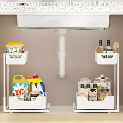 Under Sink Organizer 2-Tier Sliding Pull-Out Metal Rack Cabinet Storage for Kitchen Bathroom Refrigerator Adjustable Shelf Organizer in Black White Gray