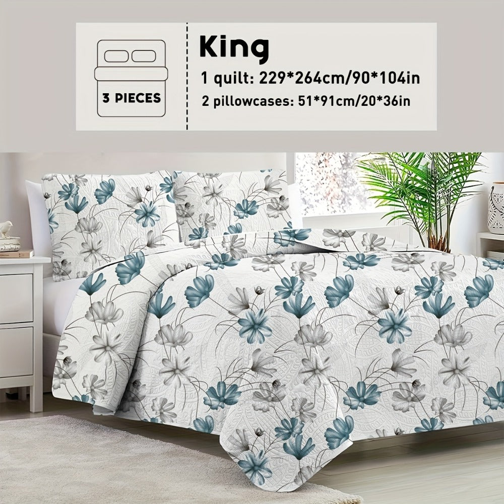 Reversible Floral Comforter Quilt Set – Soft Microfiber Botanical Bedding, Twin Full Queen King, All Seasons – White, Blue, Pink & More