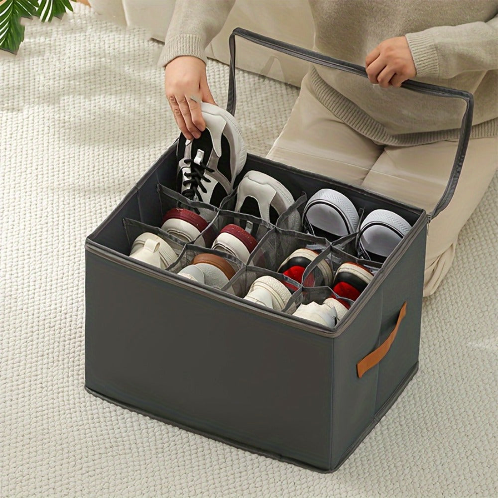 Oxford Fabric Shoe Storage Organizer with Adjustable Dividers, Transparent Lid & Handles – Holds 12 Pairs, Foldable, Zippered Dustproof, 2 or 4 Pack