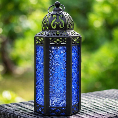Moroccan Candle Lantern Holder - Decorative Metal & Glass Lantern with Embossed Floral Design for Indoor Home Decor, Garden, Patio, Weddings, Ramadan, Halloween & Holiday Celebrations - 10.5" Tall Medium Size