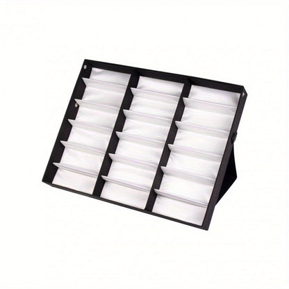 Eyeglass Organizer Box 18 Grid - Velvet Sunglasses Display Case with Foldable Cover, Scratch-Proof Storage for Glasses & Jewelry, Black or White