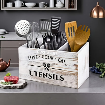 Wooden Cutlery Storage Box with Grid Compartments Chopstick Organizer Rack with Metal Accents for Kitchen Drawer Bedroom Desk Home Organization in Natural White Black