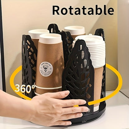 Rotating Paper Cup Holder with 4 Compartments - Disposable Coffee Cup Dispenser Organizer Detachable Lid Storage Box for Countertop Kitchen Coffee Station Bathroom | White Black
