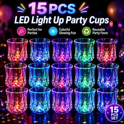 LED Light-Up Party Wine Glasses Set – 12 or 15pcs Glowing Plastic Cups with Colorful LED Lights for Birthday, Bar, Wedding, Holiday & Sports Events