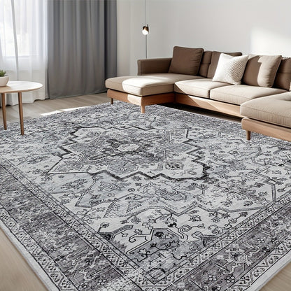 Bohemian Area Rug Ultra-Soft Non-Slip Washable Retro Foldable Carpet for Living Room Bedroom in Beige and Grey Multiple Sizes