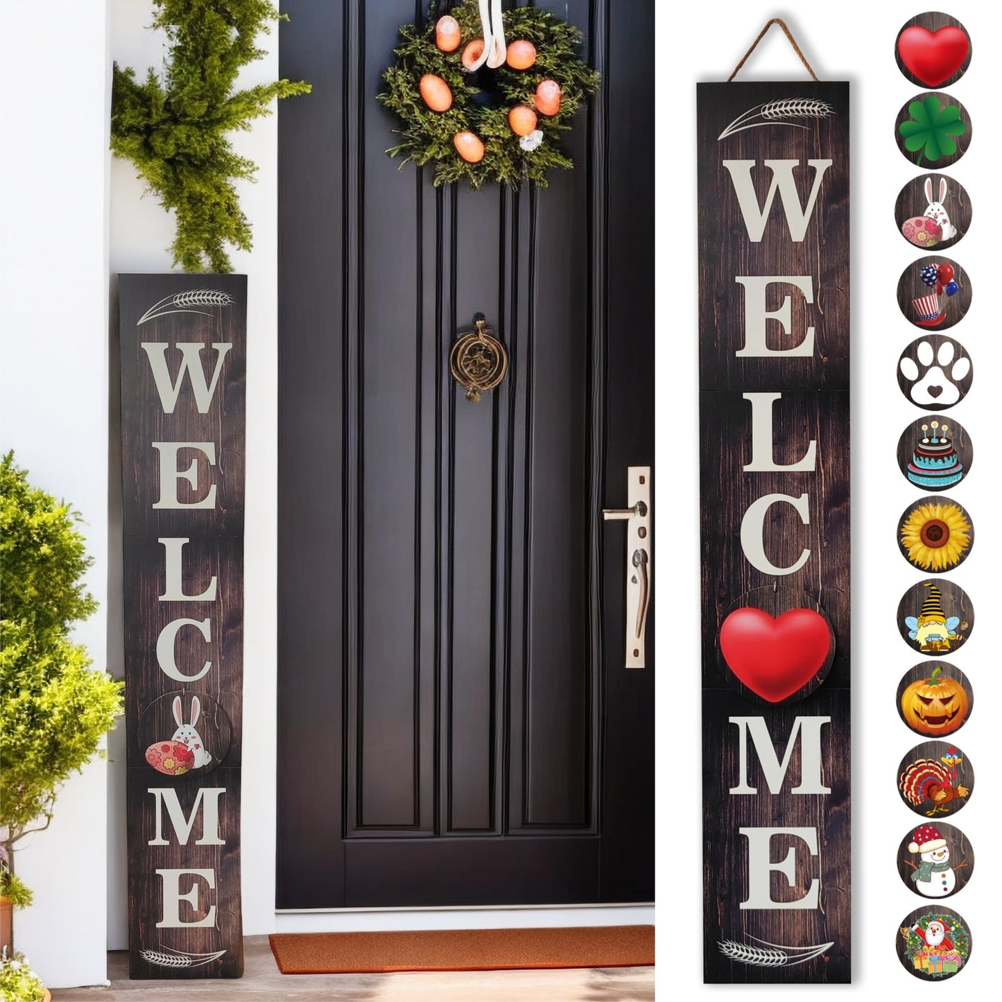 Porch Sign with 12 Interchangeable Seasonal Icons 47 Inch Tall - Welcome Sign for Front Door, Wind Resistant Leaner Board for Patio Yard Farmhouse Entryway, 4th of July Independence Day Decor
