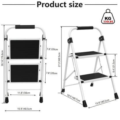 Heavy Duty Folding Steel Step Stool with Storage Shelf & Wide Anti-Slip Pedal, 800 lbs Capacity, 2/4-Step Sturdy Portable Step Ladder for Home, Garage & Workshop, Black, Grey & White