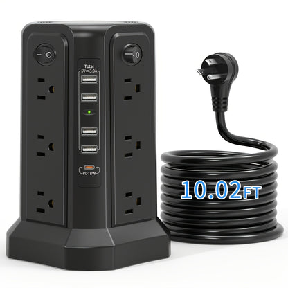 Surge Protector Power Strip Tower with 12 AC Outlets 5 USB Ports 8.8FT Extension Cord Night Light 4 Individual Switches Overload Protection for Home Office Desk Dorm Room