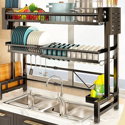 Dish Drying Rack Expandable Kitchen Sink Organizer - Countertop Dish Drainer with Drainage, Single or Double Layer Black Kitchen Storage Shelf for Plates, Cups & Utensils