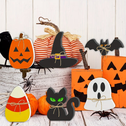 Halloween Wooden Decorations Set of 6 – Freestanding Rustic Table Signs with Pumpkin, Ghost, Bat, Black Cat, Witch Hat & Candy Corn, Farmhouse Tiered Tray & Mantle Decor