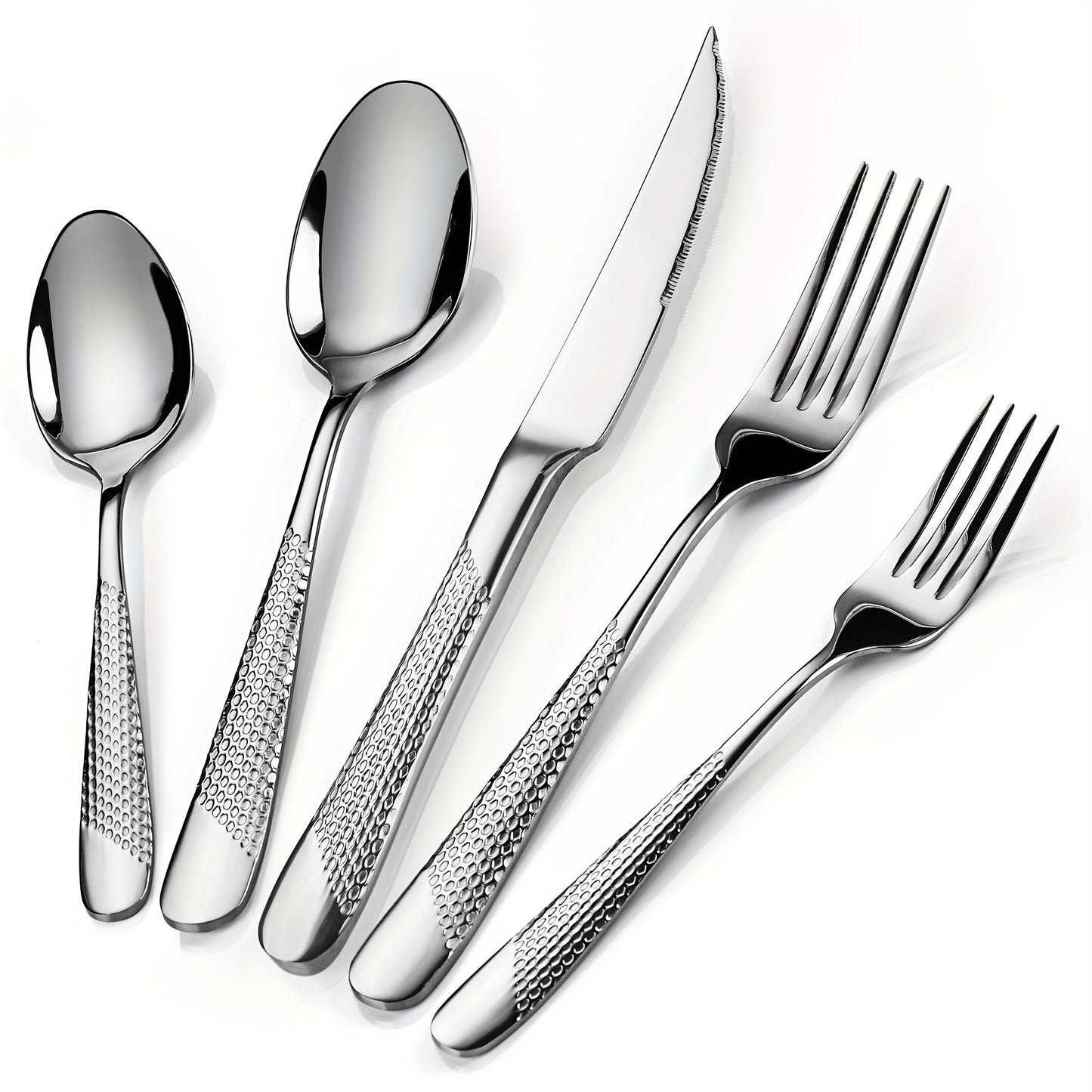 Stainless Steel Flatware Set 40/48 Piece – 304 Silverware Set for 8 Hammered Mirror Polished Rose Gold Cutlery with 2-in-1 Serrated Knife Dishwasher Safe Modern Utensils for Home Restaurant Wedding
