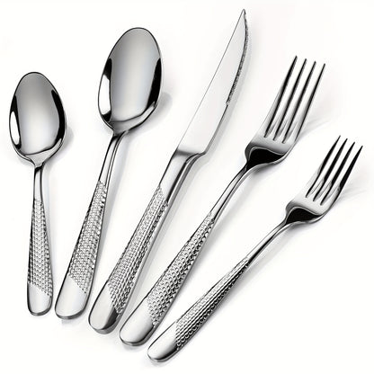 Stainless Steel Flatware Set 40/48 Piece – 304 Silverware Set for 8 Hammered Mirror Polished Rose Gold Cutlery with 2-in-1 Serrated Knife Dishwasher Safe Modern Utensils for Home Restaurant Wedding