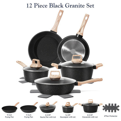 Cookware Set 12 Piece Pots and Pans Set Non-Stick Granite Coating with Frying Pans Casserole Saucepan Glass Lids Pan Protectors Compatible with All Stovetops Including Induction