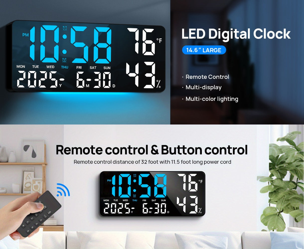 Large Digital Wall Clock with Remote Control – 14.6" LED Display Dual Alarm Clock with Night Light, Temperature, Humidity, Date & Week – RGB Color-Changing Bedroom & Living Room Clock Gift for Elderly