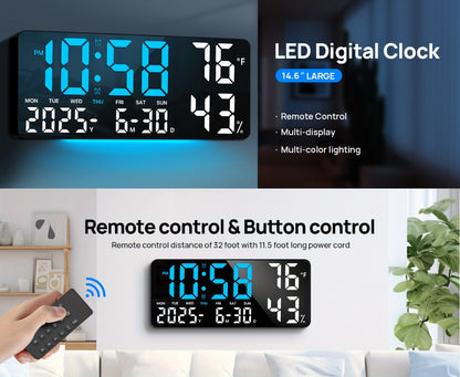Large Digital Wall Clock with Remote Control – 14.6" LED Display Dual Alarm Clock with Night Light, Temperature, Humidity, Date & Week – RGB Color-Changing Bedroom & Living Room Clock Gift for Elderly