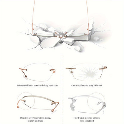 Rimless Reading Glasses for Women 3 Pack - Blue Light Blocking Lightweight Metal Frameless Readers with Anti Eyestrain Lenses, Multiple Colors and Magnifications 1.0X to 4.0X