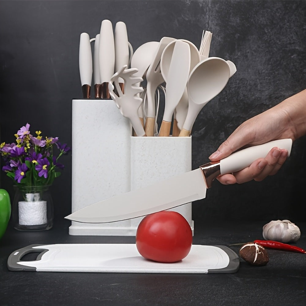 19-Piece Non-Stick Silicone Cookware Set with Bamboo Storage, Knives & Wooden Handle – Pots, Pans & Utensils for Induction & Oven