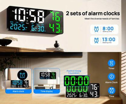 Large Digital Wall Clock with Remote Control – 14.6" LED Display Dual Alarm Clock with Night Light, Temperature, Humidity, Date & Week – RGB Color-Changing Bedroom & Living Room Clock Gift for Elderly