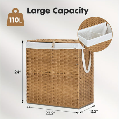 Laundry Basket with Lid - Large Foldable Rattan Hamper with Removable Washable Liner, Sturdy Steel Frame, for Bathroom Bedroom, Goose Yellow or Dove Gray