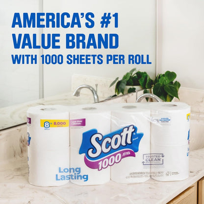 Toilet Paper 1000 Sheets Per Roll 18 Rolls - 1-Ply Bath Tissue Bulk Pack with Clog-Free Technology Long Lasting Rolls Dissolves Fast - Septic Safe Bathroom Tissue for Home Office RV