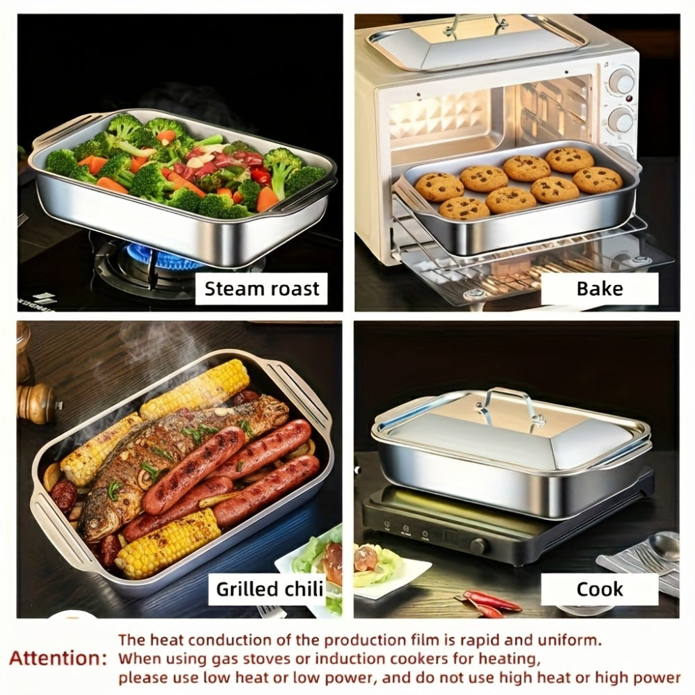 Stainless Steel Baking Pan Set 4-Piece – 2 Deep Roasting Pans & 2 Lidded Pans with Handles, 6-Liter Large Capacity 16.14" Rectangular Baking Pans for Lasagna, Fish, Chicken & Roasting – Dishwasher Safe