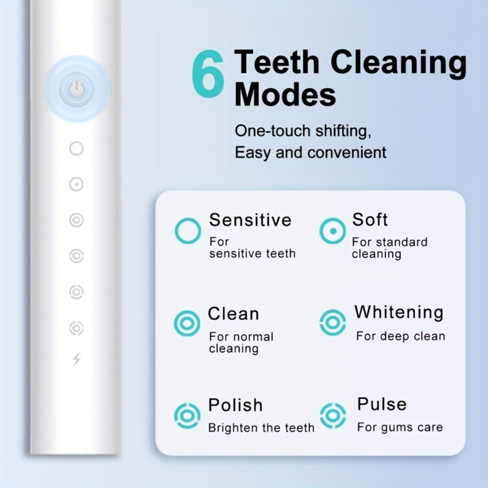 Rechargeable Electric Toothbrush with 6 Cleaning Modes & Smart Timer – USB Sonic Toothbrush for Adults, Replacement Heads Included, 3 Colors, Whitens Teeth & Protects Gums, Great Family Gift