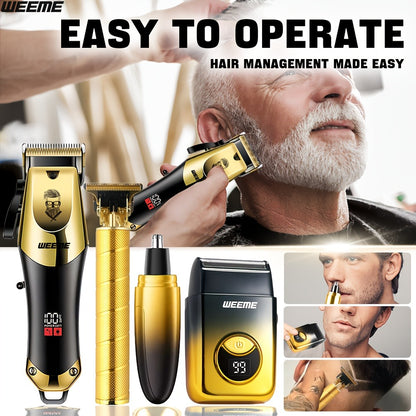 Men's Grooming Kit USB Rechargeable Hair Clipper Set with Nose Trimmer Electric Shaver Detail Trimmer 8 Limit Combs Professional Haircut Kit Father's Day Christmas Gift Gold