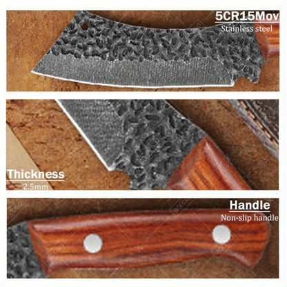 Kitchen Chef Knife Set 3 Piece Stainless Steel - Sharp Boning Knife, Utility Knife & BBQ Knife with Hammered Blade, Wood Handle, Full Tang, Multipurpose Cooking Knives for Meat Vegetables